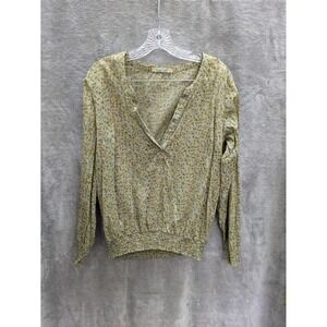 Fairycore Blouse Womens Small Smocked Hem V-Neck‎ Green Semi Sheer Floral READ